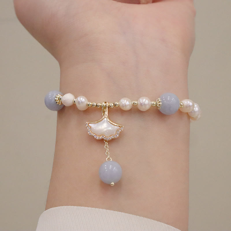 Wear FengShui Natural Aquamarine Pearl Healing Ginkgo Leaf Butterfly Charm Bracelet