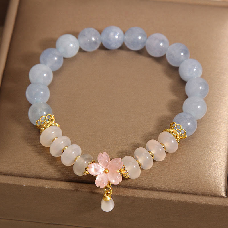 Wear FengShui Aquamarine White Agate Pearl Abacus Beads Flower Healing Bracelet