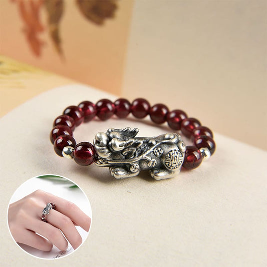 Wear FengShui 925 Sterling Silver Natural Garnet Moonstone Red Agate PiXiu Wealth Ring