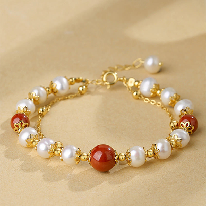 Wear FengShui 925 Sterling Silver Pearl Cinnabar Wisdom Bead Double Layer Chain Bracelet