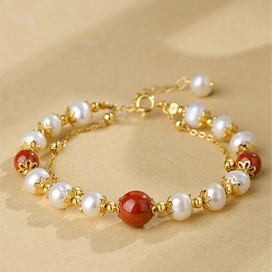 Wear FengShui 925 Sterling Silver Pearl Cinnabar Wisdom Bead Double Layer Chain Bracelet