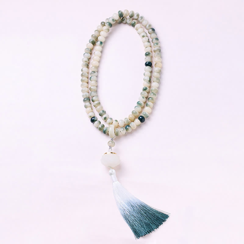 Wear FengShui Natural 108 Mala Beads Bodhi Seed Lotus Engraved Wisdom Tassel Bracelet