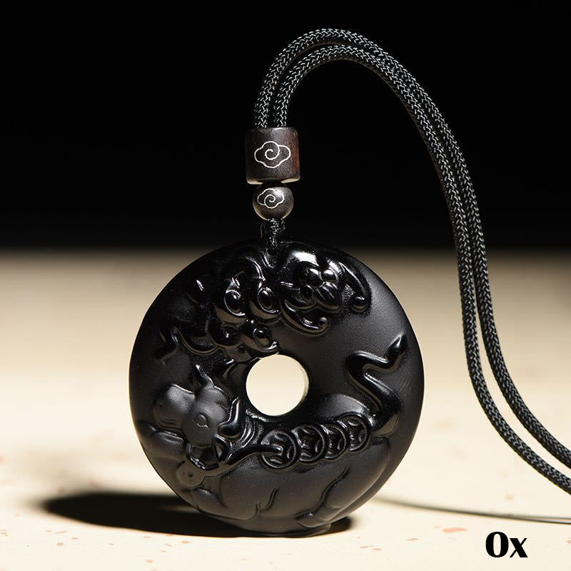 Wear FengShui Chinese Zodiac Natural Black Obsidian Peace Buckle Strength Necklace Pendant