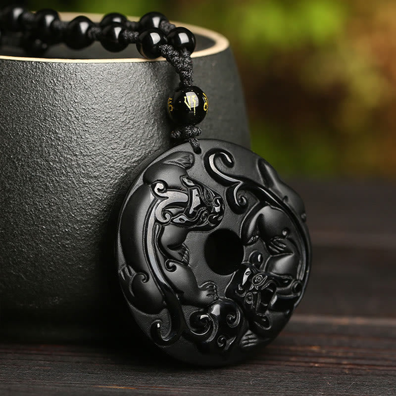 Wear FengShui Natural Black Obsidian Peace Buckle Pixiu Bead Rope Strength Necklace Pendant