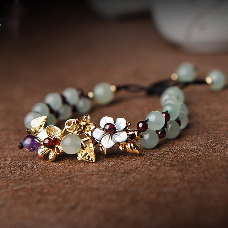 Wear FengShui Green Aventurine Garnet Bead Flower Petal Luck Bracelet