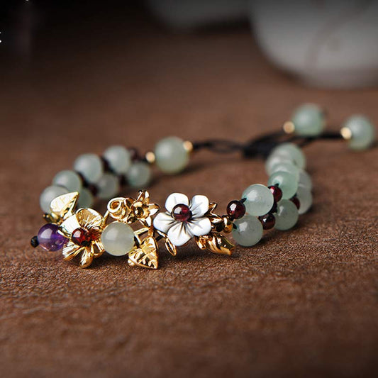 Wear FengShui Green Aventurine Garnet Bead Flower Petal Luck Bracelet