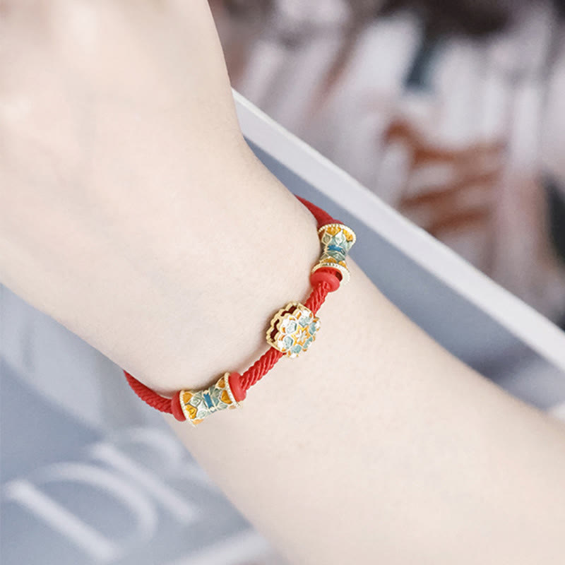 Wear FengShui Dunhuang 925 Sterling Silver Lotus Drum New Beginning Red Rope Bracelet