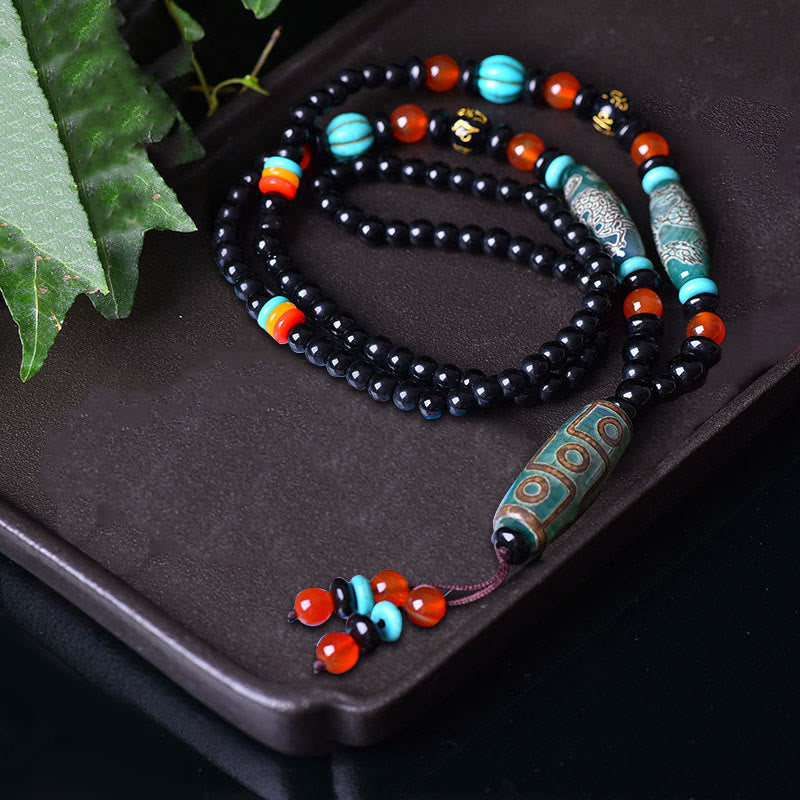 Wear FengShui Tibetan Nine-Eye Dzi Bead Dragon Pattern Om Mani Padme Hum Protection Necklace Pendant