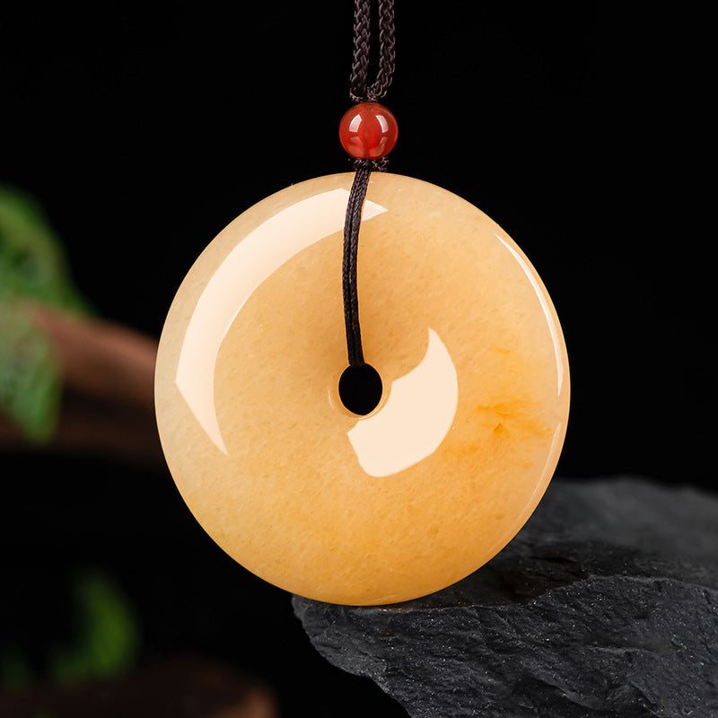Wear FengShui Round Golden Silk Jade Peace Buckle Wealth Pendant Necklace