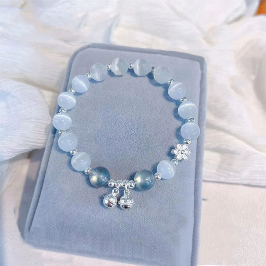 Wear FengShui Cat's Eye Crystal Peach Blossom Bell Fu Character Charm Support Bracelet