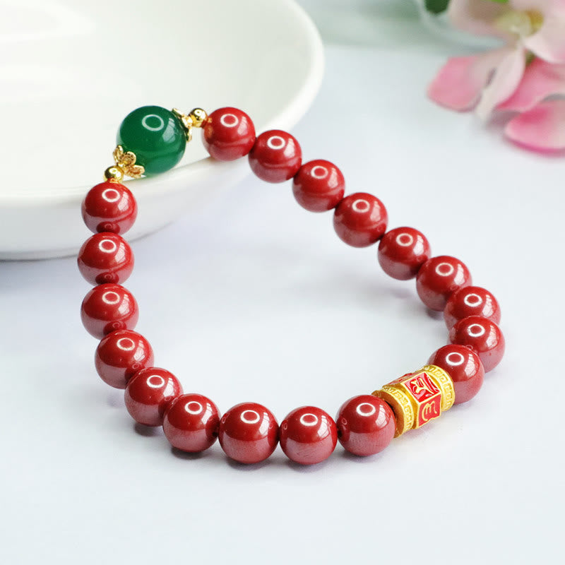 Wear FengShui Natural Cinnabar Green Agate Om Mani Padme Hum Pattern Blessing Bracelet