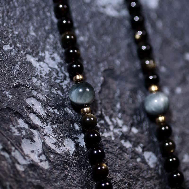 Wear FengShui 108 Mala Beads Gold Sheen Obsidian Tiger Eye Eagle's Eye Stone Wealth Bracelet