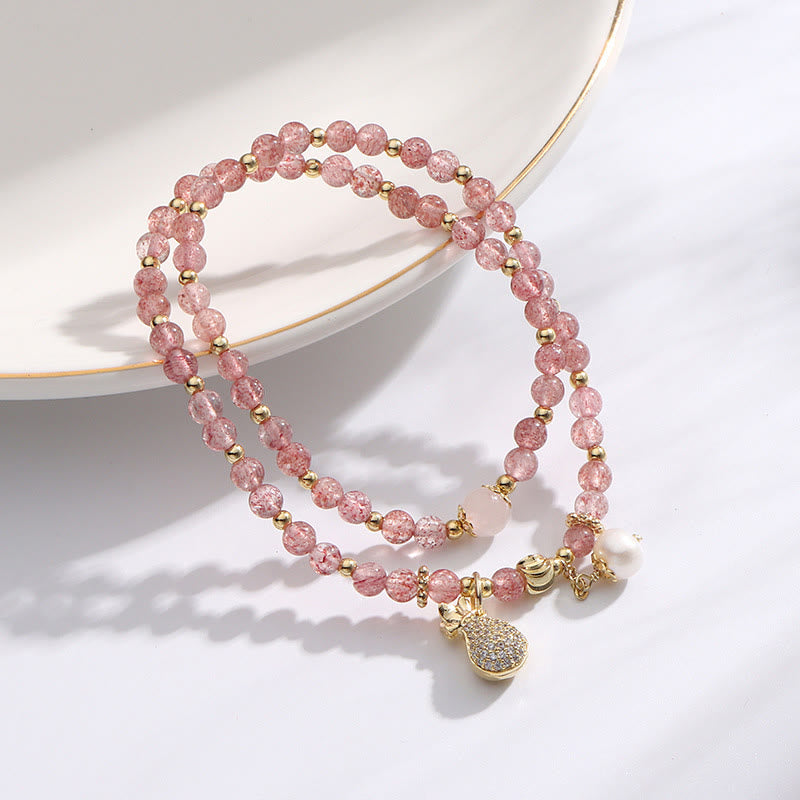 Wear FengShui Strawberry Quartz Money Bag Positive Charm Double Wrap Bracelet