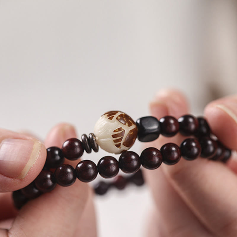 Wear FengShui Small Leaf Red Sandalwood Lotus Bodhi Seed Carved Protection Double Wrap Bracelet