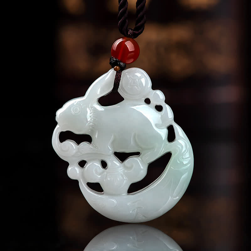 Wear FengShui Year of the Rabbit White Jade Crescent Moon Protection Necklace Pendant