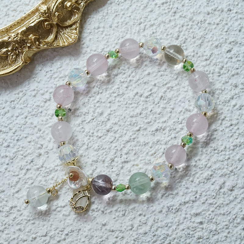 Wear FengShui Strawberry Quartz Rutilated Quartz Fluorite Flower Healing Bracelet