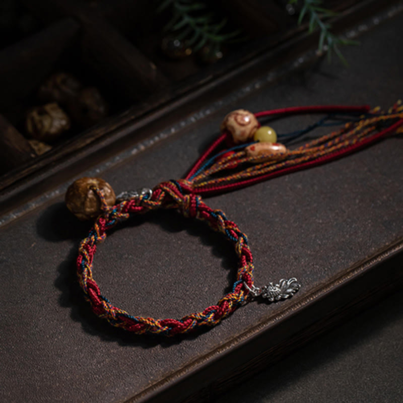 Wear FengShui Tibetan Handmade Colorful Thread 925 Sterling Silver Koi Fish Protection Strength String Bracelet