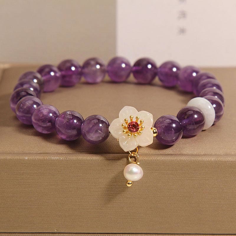 Wear FengShui Natural Amethyst White Agate Pearl Charm Balance Bracelet