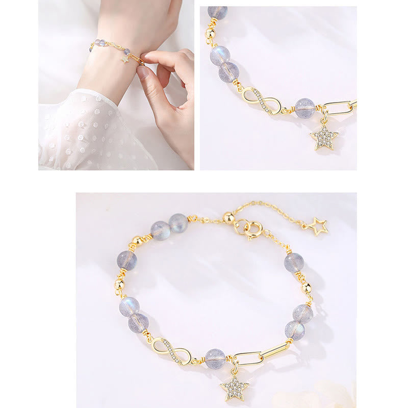 Wear FengShui 14K Gold Plated Natural Strawberry Quartz Moonstone Möbius Loop Eternal Love Star Positive Bracelet