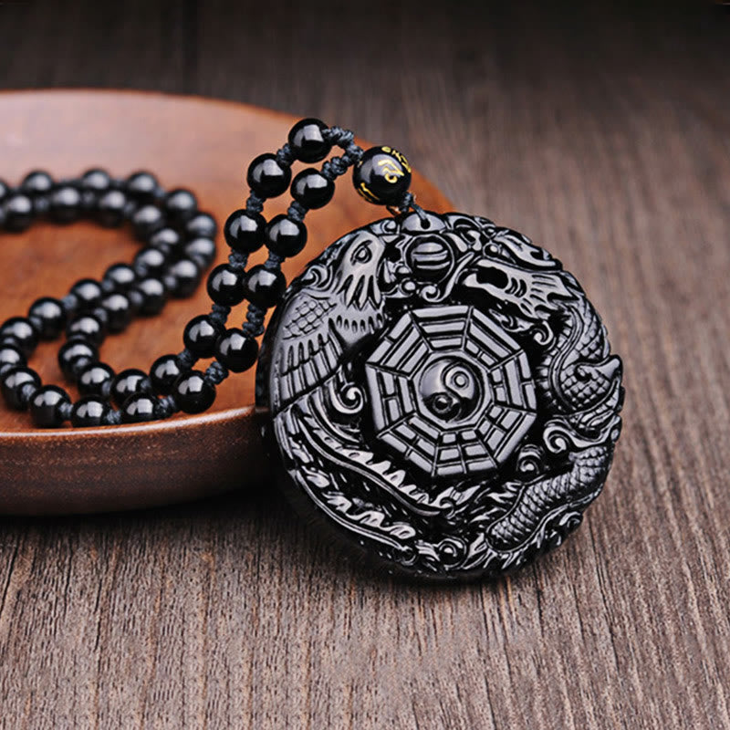 Wear FengShui Bagua Dragon Phoenix Obsidian Fulfilment Pendant Necklace