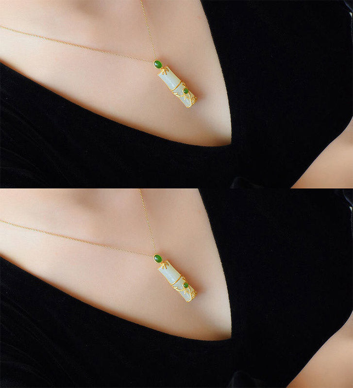 Wear FengShui White Jade Cyan Jade Bamboo Protection Necklace Pendant
