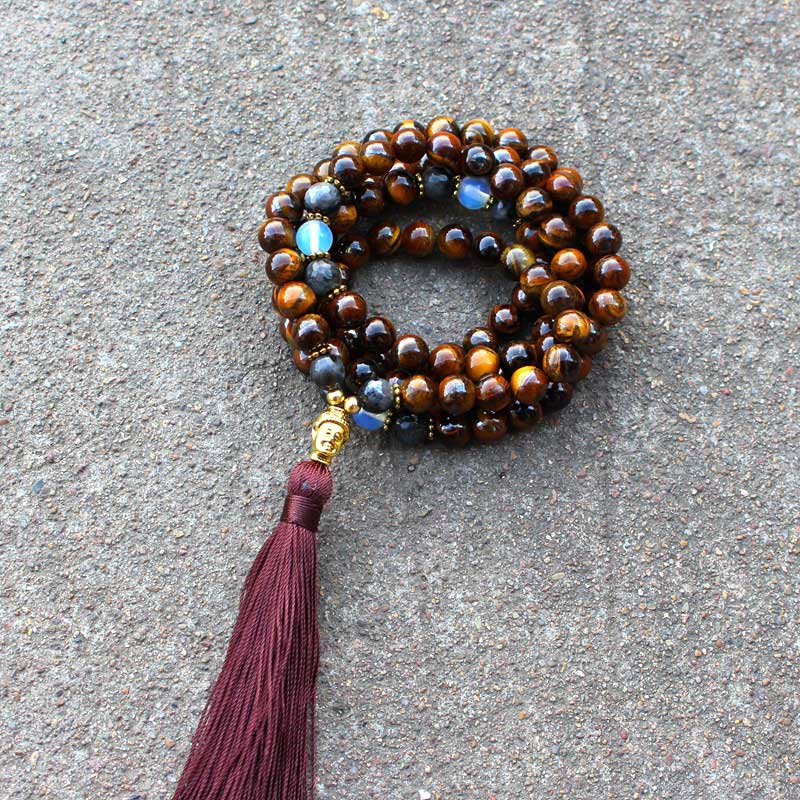 Wear FengShui Tibetan Tiger Eye Buddha Strength Power Beaded Tassel Pendant Necklace