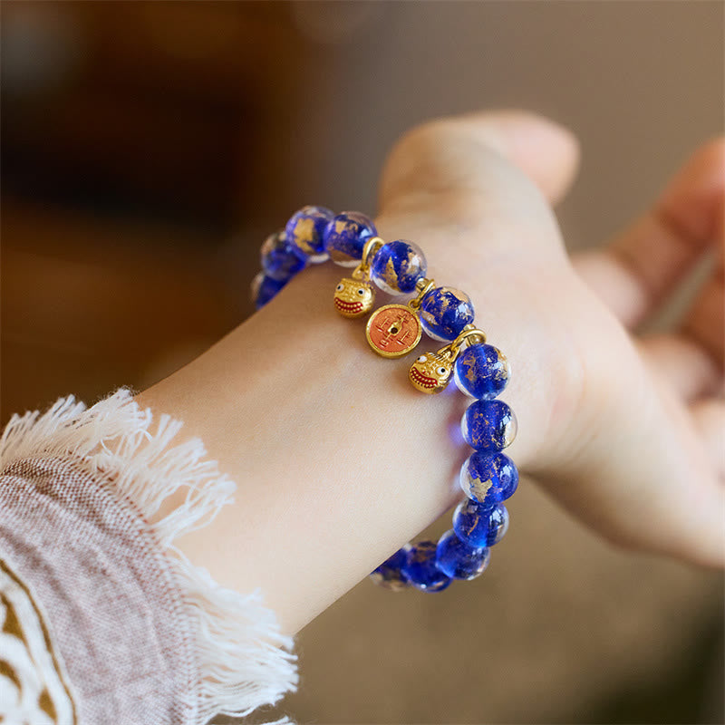 Wear FengShui Gold Swallowing Beast Copper Coin Good Luck Charm Liuli Glass Bead Fortune Bracelet