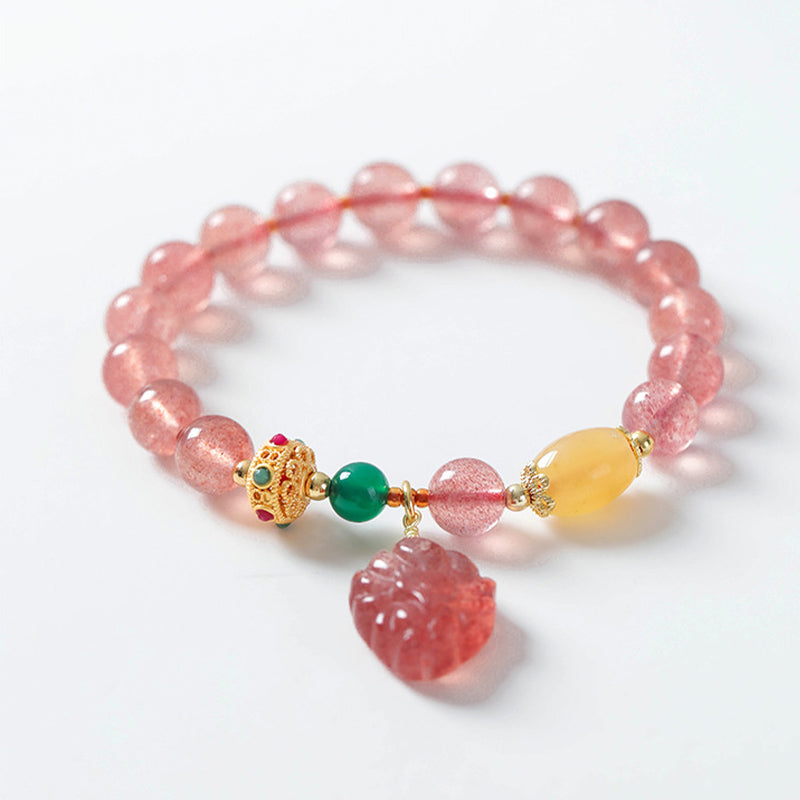 Wear FengShui Natural Strawberry Quartz Nine Tailed Fox Healing Bracelet