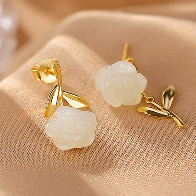 Wear FengShui 925 Sterling Silver Plated Gold Jade Rose Flower Cyan Jade Pearl Luck Earrings