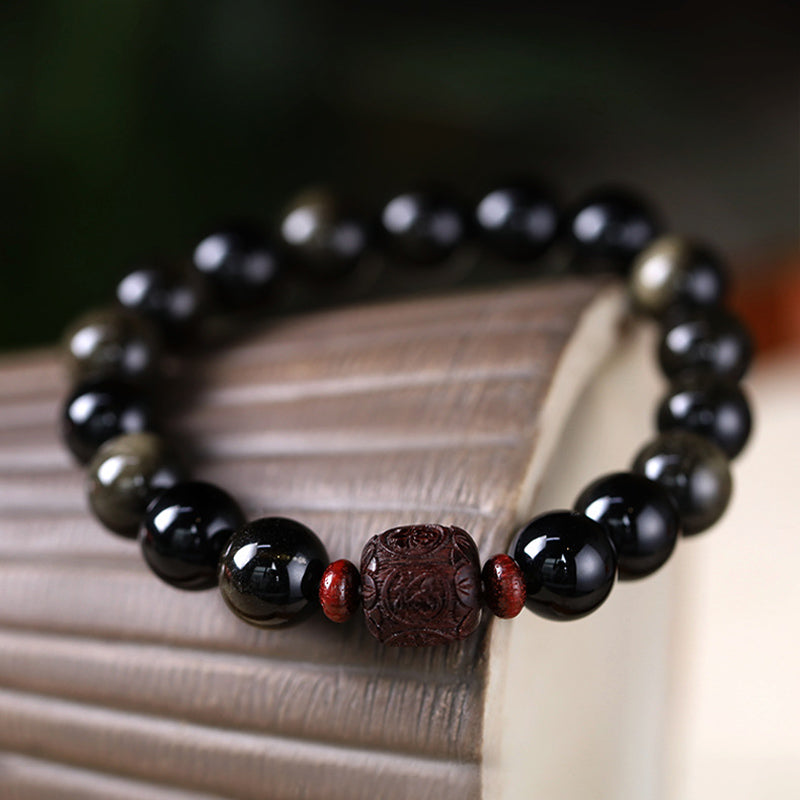 Wear FengShui Natural Gold Sheen Obsidian Rainbow Obsidian Om Mani Padme Hum Fu Character Healing Bracelet