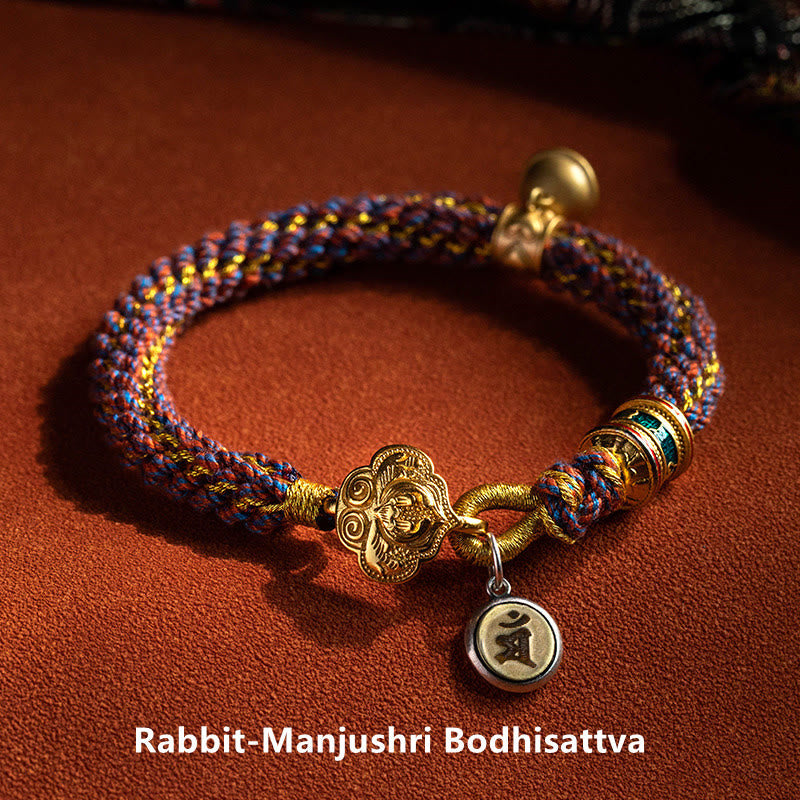 Wear FengShui 925 Sterling Silver Chinese Zodiac Natal Buddha Om Mani Padme Hum Luck Bell Braided String Bracelet