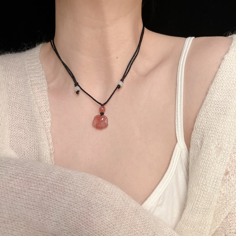 Wear FengShui Strawberry Quartz Lovely Cat Paw Claw Healing Necklace Pendant