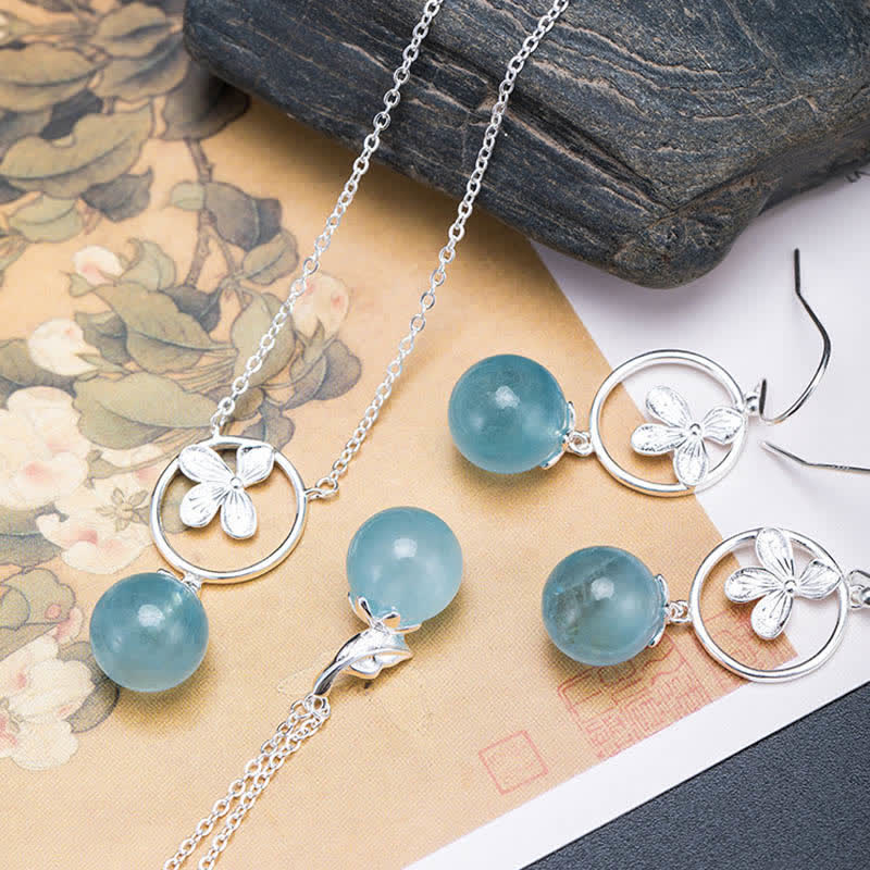 Wear FengShui 925 Sterling Silver Natural Aquamarine Leaf Flower Peace Earrings Necklace