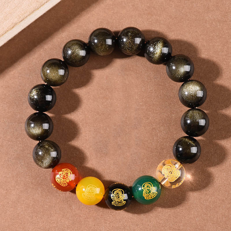 Wear FengShui Gold Sheen Obsidian Rainbow Obsidian Black Obsidian Five Directions Gods of Wealth Bracelet