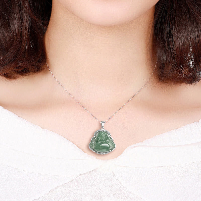 Wear FengShui Laughing Buddha Natural Jade Luck Prosperity Necklace Titanium Steel Chain Pendant