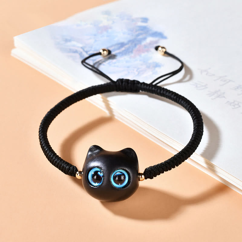 Wear FengShui Ebony Wood Cat Head Pattern Peace King Kong Knot Braided Bracelet