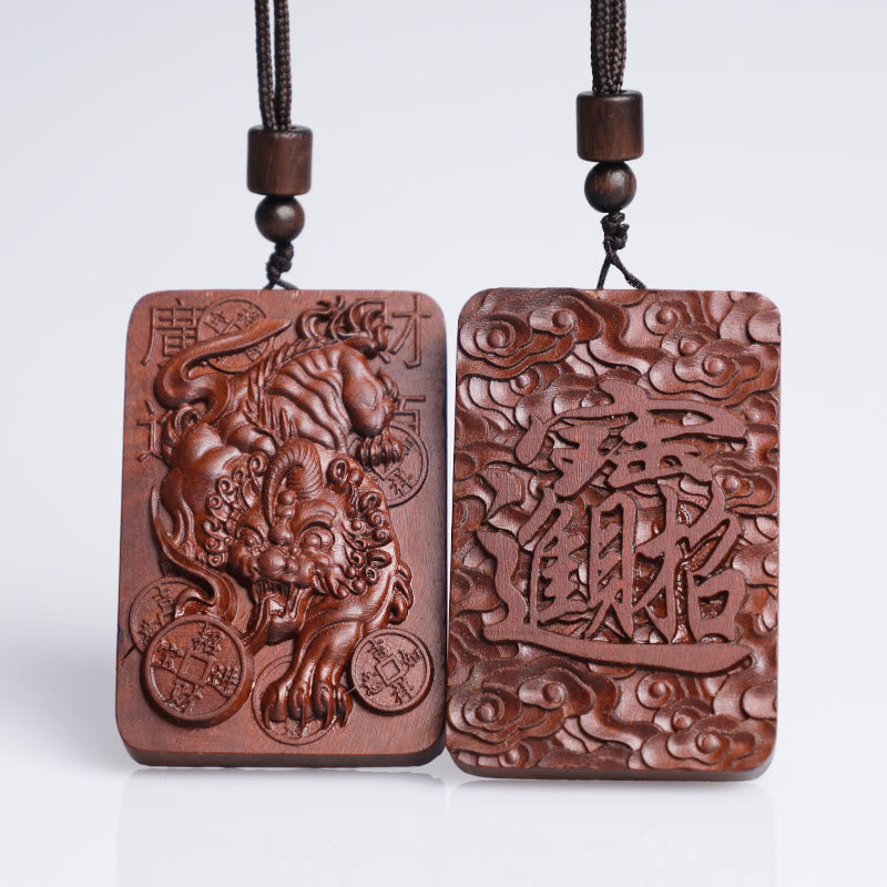Wear FengShui Natural Lightning Struck Jujube Wood PiXiu Copper Coin Good Fortune Necklace Pendant