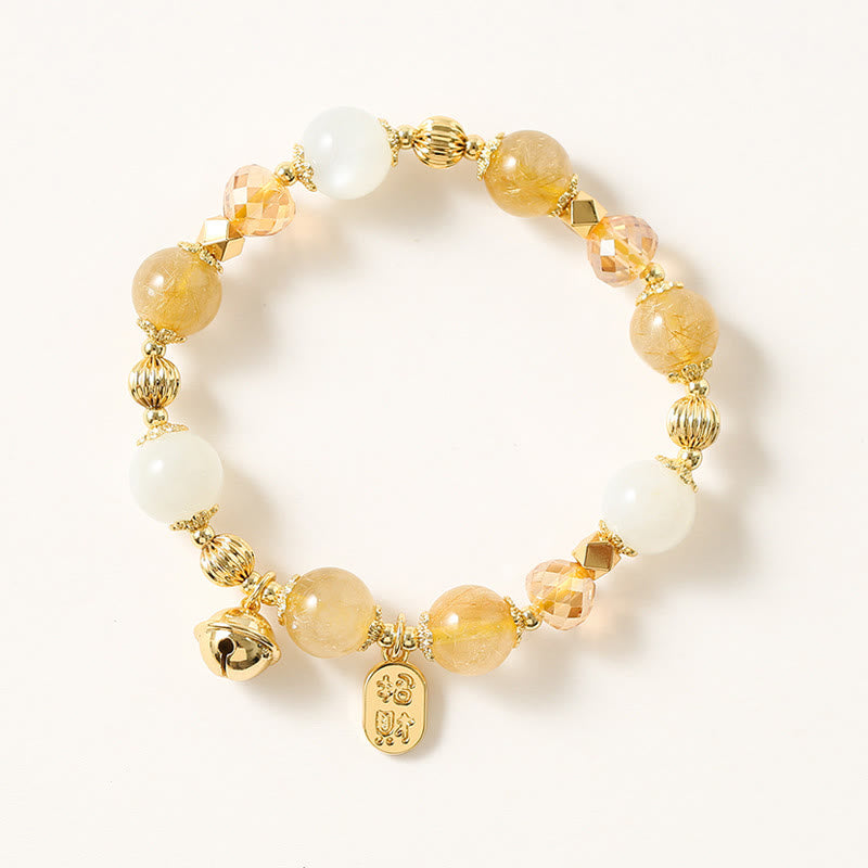 Wear FengShui 14K Gold Plated Golden Rutilated Quartz Wealth Bell Lucky Fortune Charm Bracelet