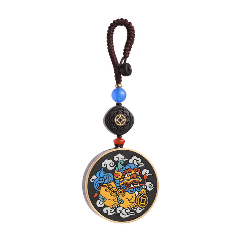 Wear FengShui PiXiu Copper Coin Ebony Wood Luck Attract Wealth Key Chain Decoration