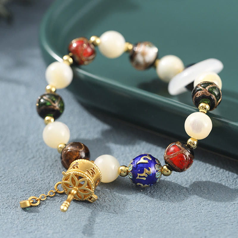 Wear FengShui Tibetan Incense Ash Liuli Glass Tridacna Stone Sun Stone Om Mani Padme Hum Prayer Wheel Charm Bracelet