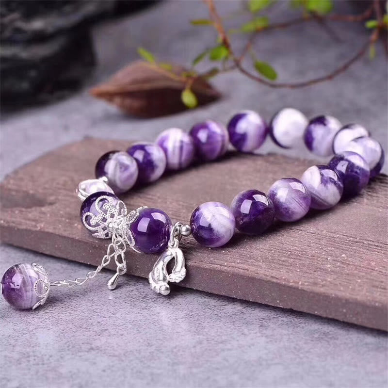 Wear FengShui 925 Sterling Silver Natural Amethyst Healing Feet Love Heart Charm Bracelet