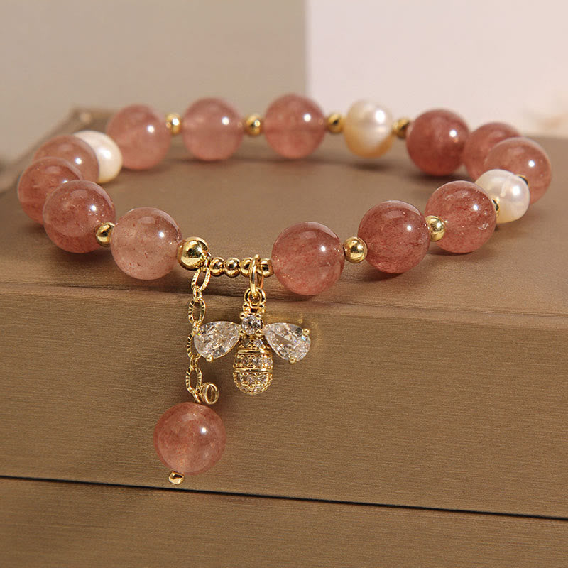 Wear FengShui Strawberry Quartz Pearl Cute Zircon Honeybee Positive Charm Bracelet