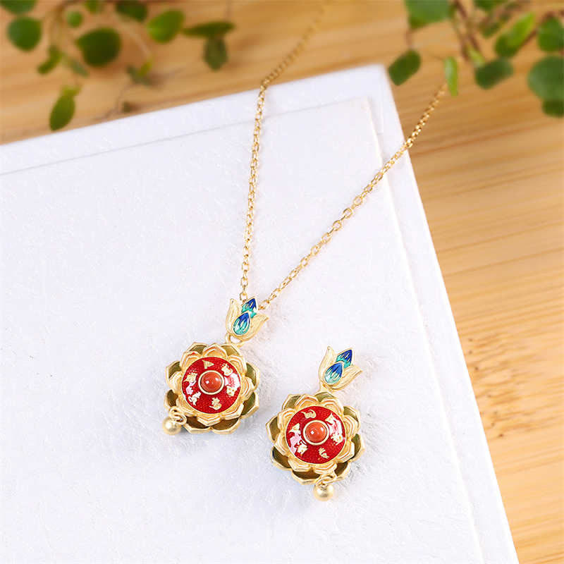 Wear FengShui 925 Sterling Silver Tibet Lotus Prayer Wheel Red Agate Enlightenment Necklace Pendant