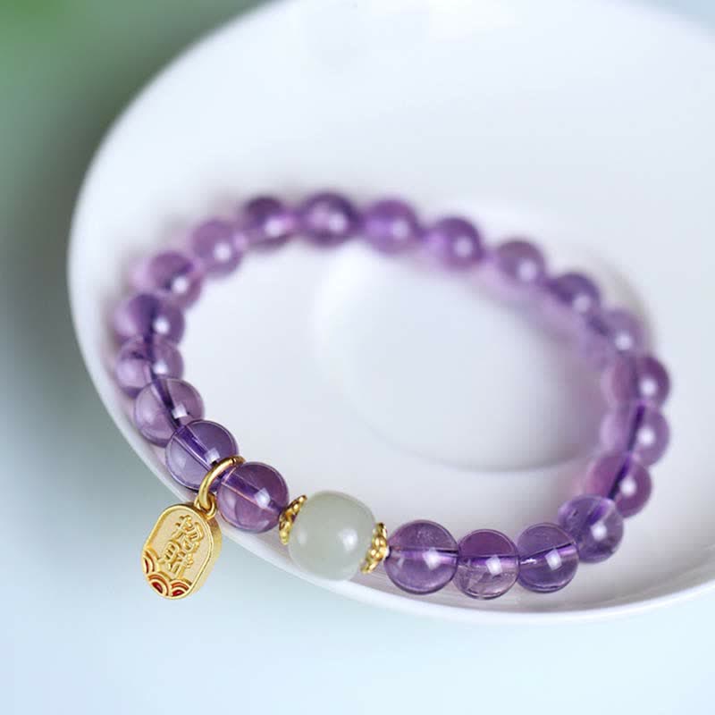 Wear FengShui Natural Amethyst Crystal Hetian Jade Healing Charm Bracelet