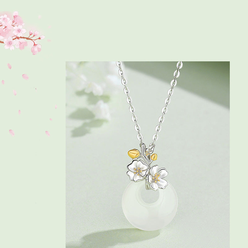 Wear FengShui 925 Sterling Silver Round Chalcedony Twelve Months Flower Harmony Necklace Pendant