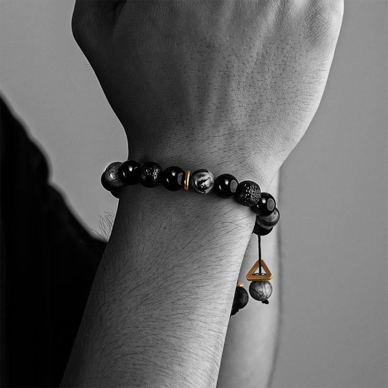 Wear FengShui Black Obsidian Lava Rock Stone Yin Yang Strength Bracelet