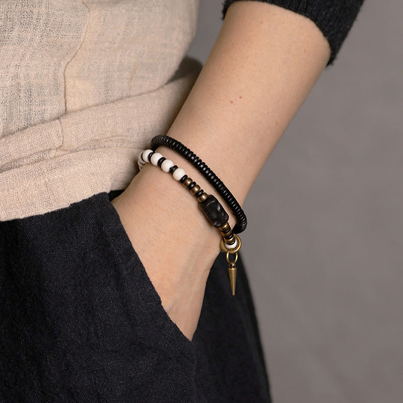 Wear FengShui Bone Beads Ebony Wood Copper Strength Couple Bracelet
