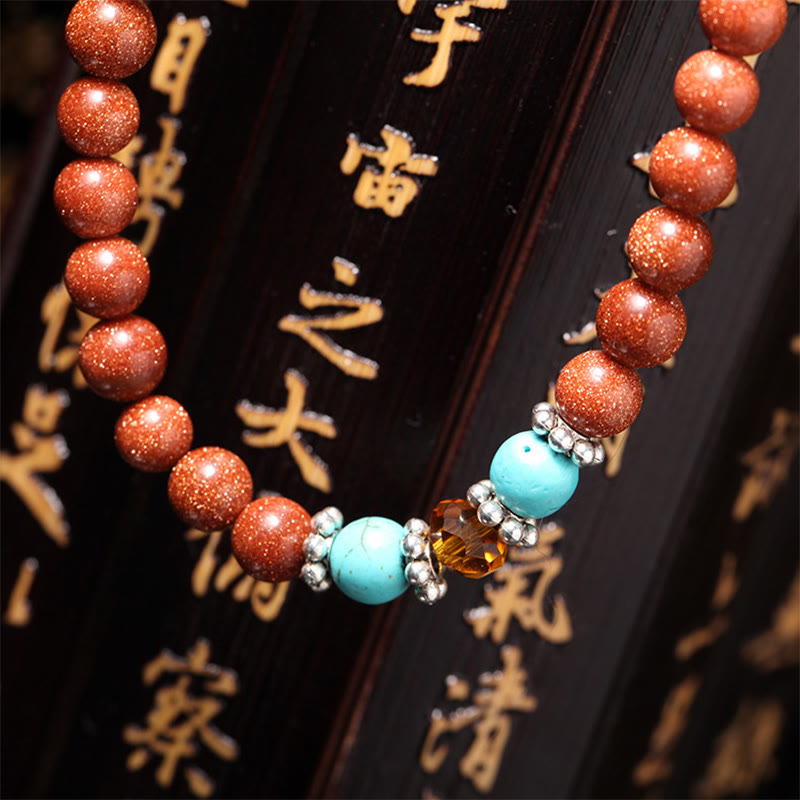 Wear FengShui 108 Mala Beads Goldstone Om Mani Padme Hum Swastika Confidence Bracelet