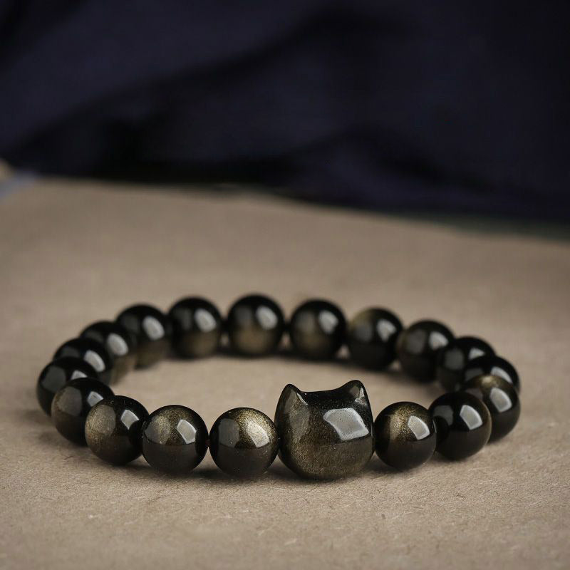 Wear FengShui Gold Sheen Obsidian Silver Sheen Obsidian Lovely Paw Lucky Cat Protection Bracelet