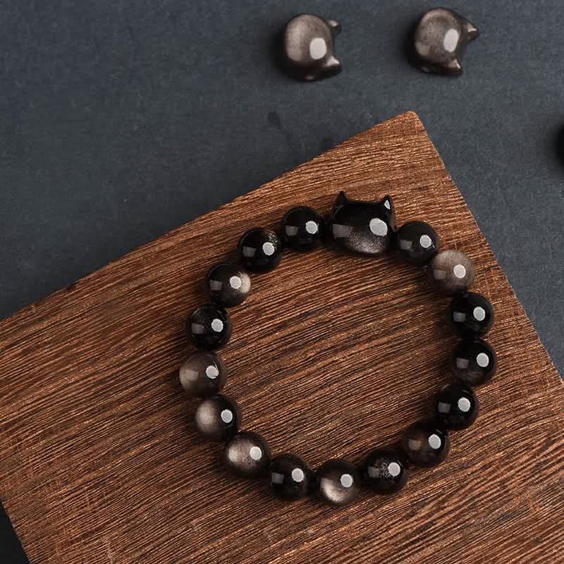 Wear FengShui Gold Sheen Obsidian Silver Sheen Obsidian Lovely Paw Lucky Cat Protection Bracelet